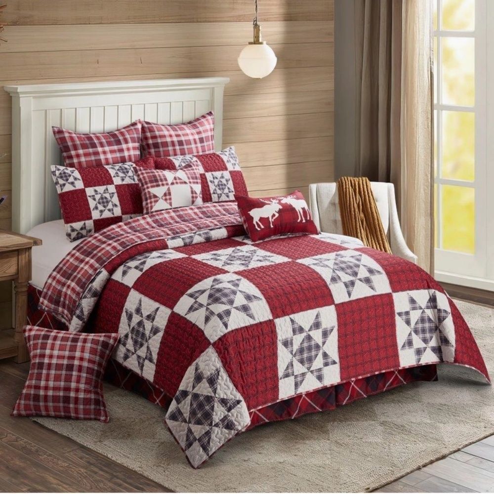 Country Star Patchwork Printed Lightweight King Size Quilt Set Farmhouse Rustic